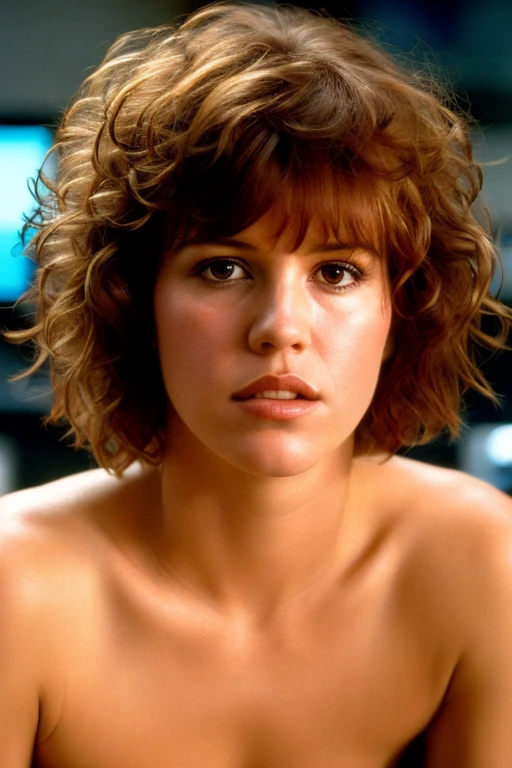 naked twenty-year-old Molly Ringwald, frowning, with messy/shaggy razored/layered haircut with sideswept bangs, posing, extremely realistic, extremely detailed, extremely accurate resemblance, extreme realism, extreme detail, specimen of humanity, superhuman, sexy, erotic, gorgeous, beautiful, futuristic hi-tech laboratory setting, full body view, full frontal