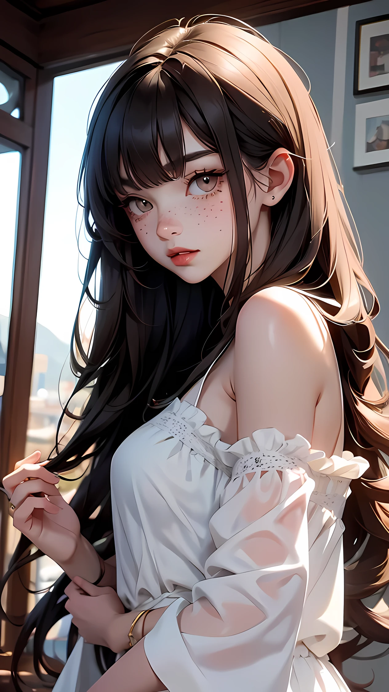 anime girl 20 years old with narrow eyes, one yellow, a smoll mole under the eye, bruises under the eye, inconspicuous freckles on the nose, straight dark brown hair below the shoulders, long bangs covering the left eye, pale skin, tired look, breasts of the second size, low height, 4k