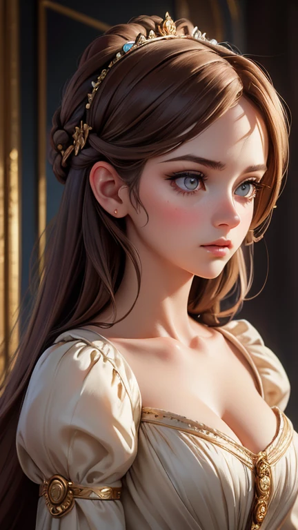 a highly detailed portrait of a beautiful woman, elegant historical dress, intricately detailed facial features, expressive eyes, lush hair, dramatic lighting, cinematic composition, classical renaissance style, muted color palette, masterpiece, ultra-detailed, 8k, photorealistic