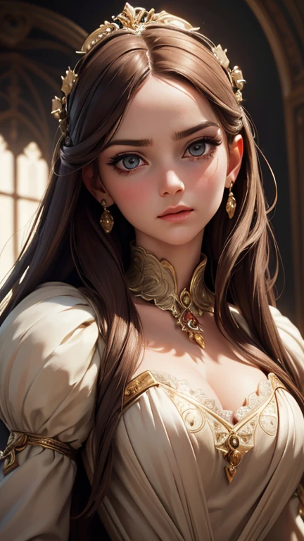 a highly detailed portrait of a beautiful woman, elegant historical dress, intricately detailed facial features, expressive eyes, lush hair, dramatic lighting, cinematic composition, classical renaissance style, muted color palette, masterpiece, ultra-detailed, 8k, photorealistic