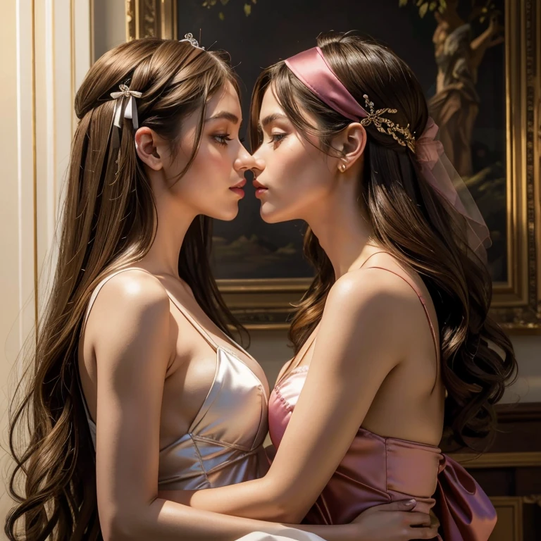 (​masterpiece, best quality:1.5), highest quality, High resolution, super detailed, Realists, Upper body photo of a brunette woman, detailed and beautiful eyes, beautiful detailed lips, very detailed eyes and face, longeyelashes, Woman in shiny satin evening dress, pink satin bows around the belly, Beautiful and colorful makeup, long open hair with satin headband, elegant and noble々Pose, shiny satin headband, Gardens as background, soft daylight, bright colors, fine brushstrokes, Portrait style, Noble details in the dress fabric, beautiful color palette, glowing skin, First-class rendering, that captures every detail, enchanting atmosphere, subtle shadows and lights, (perfect anatomy:1.2), (Two stunning women are deeply in love:1.4), (kiss:1.2), (magnificent panorama view:1.2)