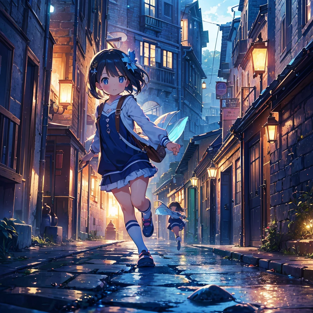 {{{Masterpiece, highest quality, high resolution background}}}, bright and beautiful atmosphere, 1 girl (7 years old, round face, baby face), small breasts, port town, cobblestone corridor, girls running towards the sea, big "deltamon_sdXL :0.73) >Deltamon" where multiple men are carrying fish.