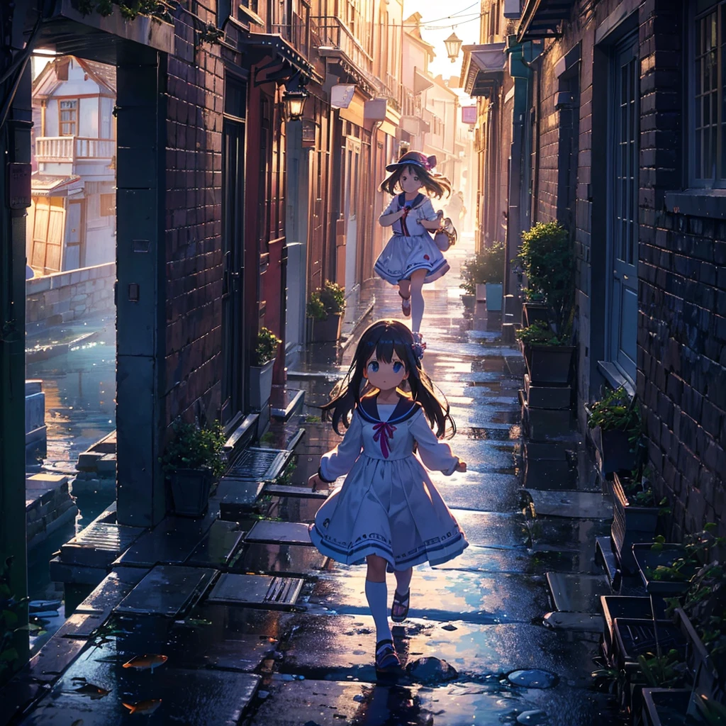 {{{Masterpiece, highest quality, high resolution background}}}, bright and beautiful atmosphere, 1 girl (7 years old, round face, baby face), small breasts, port town, cobblestone corridor, girls running towards the sea, big "deltamon_sdXL :0.73) >Deltamon" where multiple men are carrying fish.
