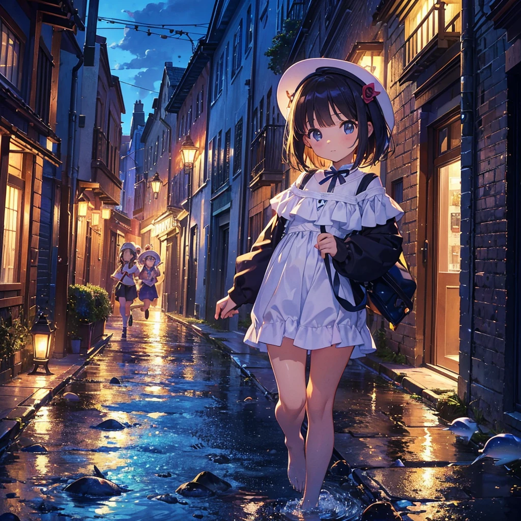 {{{Masterpiece, highest quality, high resolution background}}}, bright and beautiful atmosphere, 1 girl (7 years old, round face, baby face), small breasts, port town, cobblestone corridor, girls running towards the sea, big "deltamon_sdXL :0.73) >Deltamon" where multiple men are carrying fish.