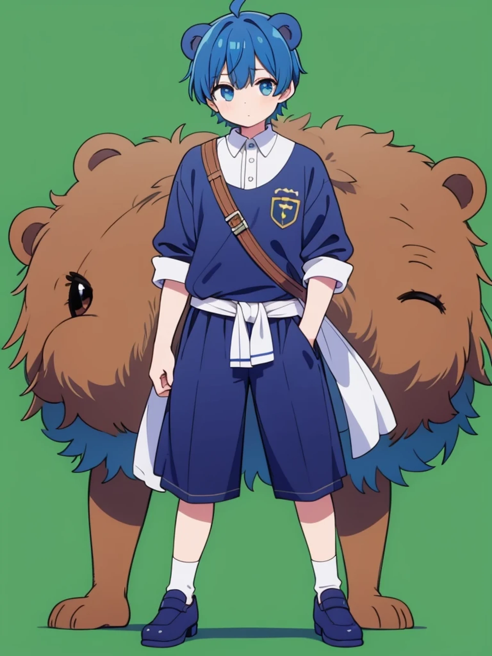 1boy,blue hair,has bear style ear, standing, from front,whole body, green background