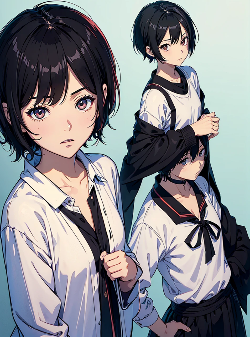 ((masutepiece)), ((Best Quality))), ((ultra-detailliert)), ((Illustration)), With boys and girls. The boy has short black hair, comma hair, Hair between the eyes. The girl has short hair in a black shawl、student clothes