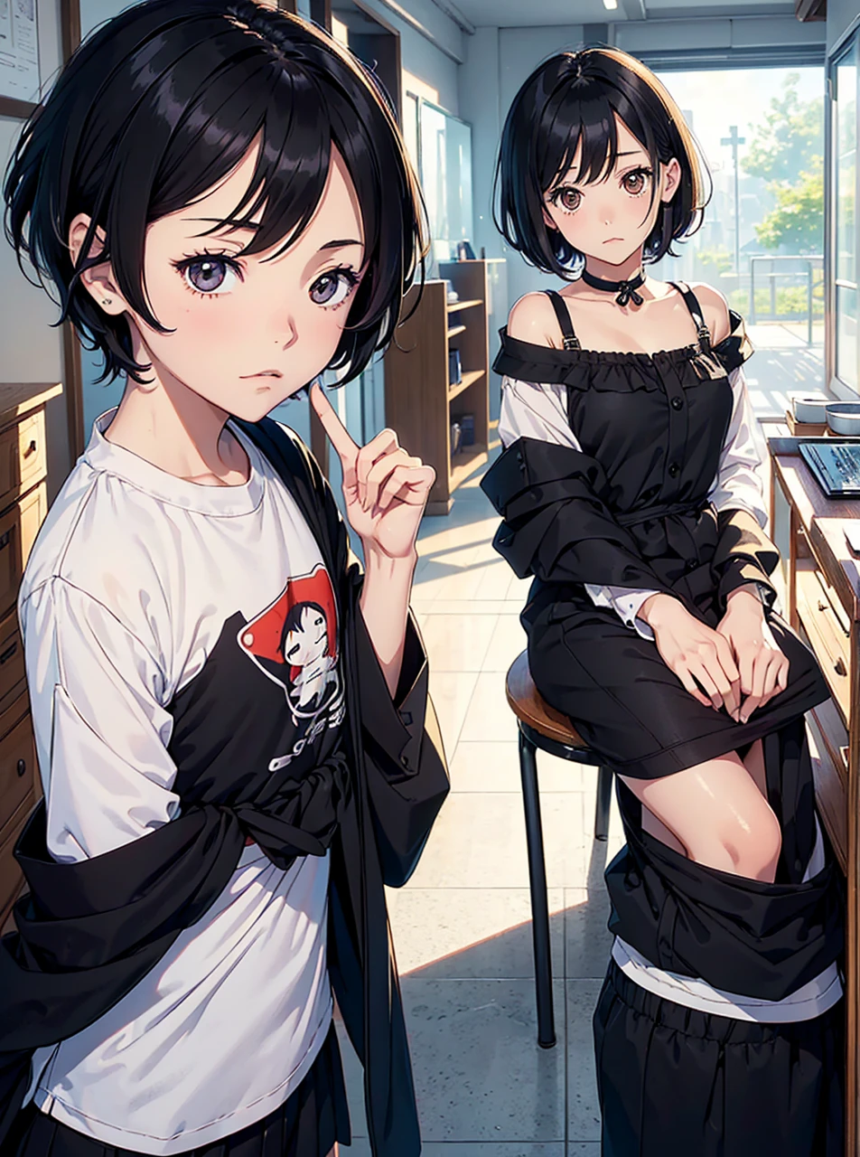 ((masutepiece)), ((Best Quality))), ((ultra-detailliert)), ((Illustration)), With boys and girls. The boy has short black hair, comma hair, Hair between the eyes. The girl has short hair in a black shawl、student clothes