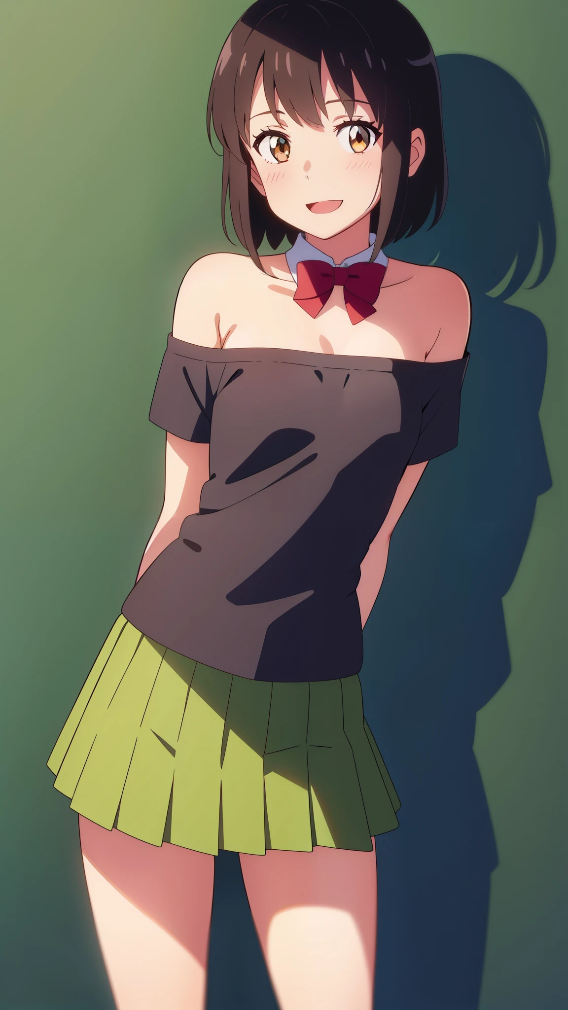 shinkai makoto, kimi no na wa., 1girl, bangs, black hair, blush, brown eyes, perfect face, looking at the viewer, ruffled clothing, off shoulder strapless, miniskirt, detached collar, red ribbon, red bow, pleated skirt, short hair, solo, shinny skin, smile, cute, open mouth, green background, (masterpiece), best quality