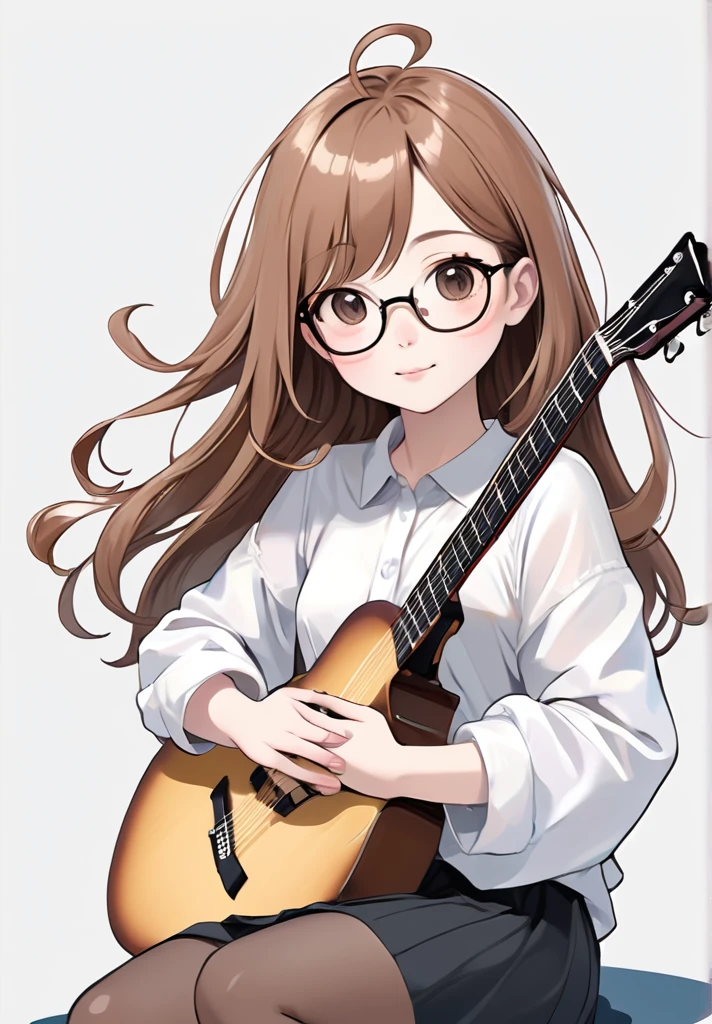 high resolution,best qualityer,naturals,
Illustrator without black lines, black contour lines, or black line drawings, flat illustration e monocromática, coloring similar to foreign animation, Chibi character, アニメ, fluffly, full body illustration, Deformed illustration, Woman, skin black, with glasses, sitting holding a guitar with white and light brown as precious colors, flat illustration, Simpler, minimalism, White background, longye hair, chestnut hair, divided bangs,slightly-smile,
jaded,