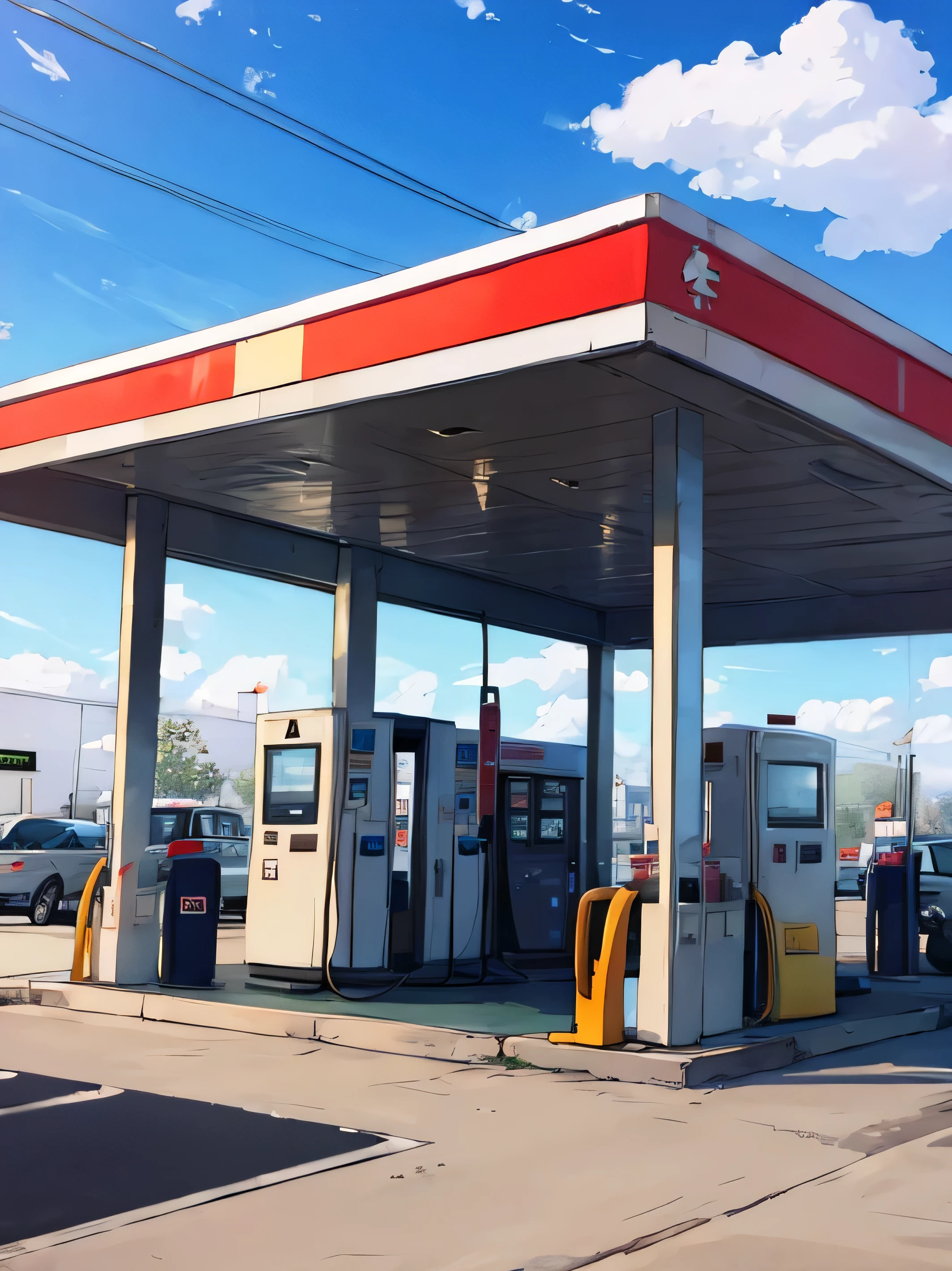 medium shot. Simple scenario of a gas station