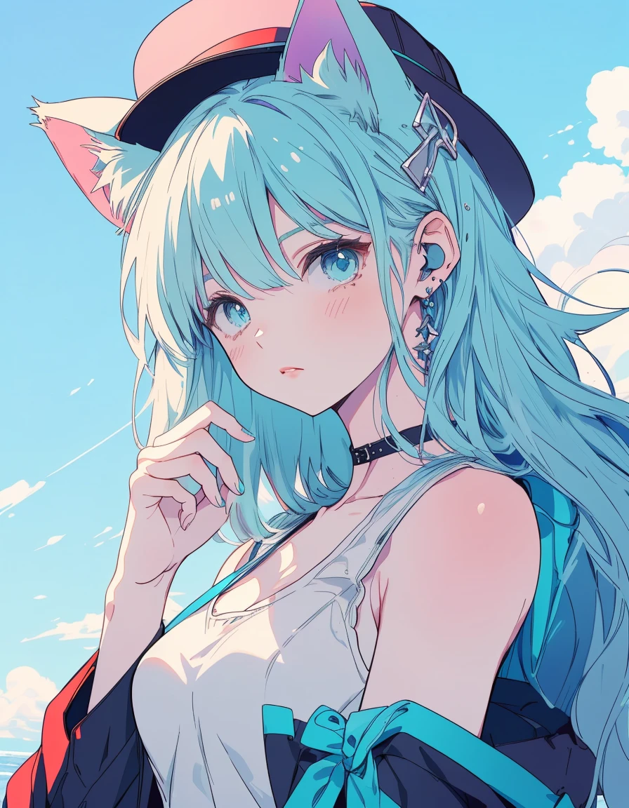 strow hat, tank top, rainbow beach, fantasy world, ((masterpiece, best quality:1.5)), ((Beautiful detailed cat aqua eyes:1.2)), cat ears, pale skin, medium breasts, beautiful hands, beautiful fingers, EasyNegative