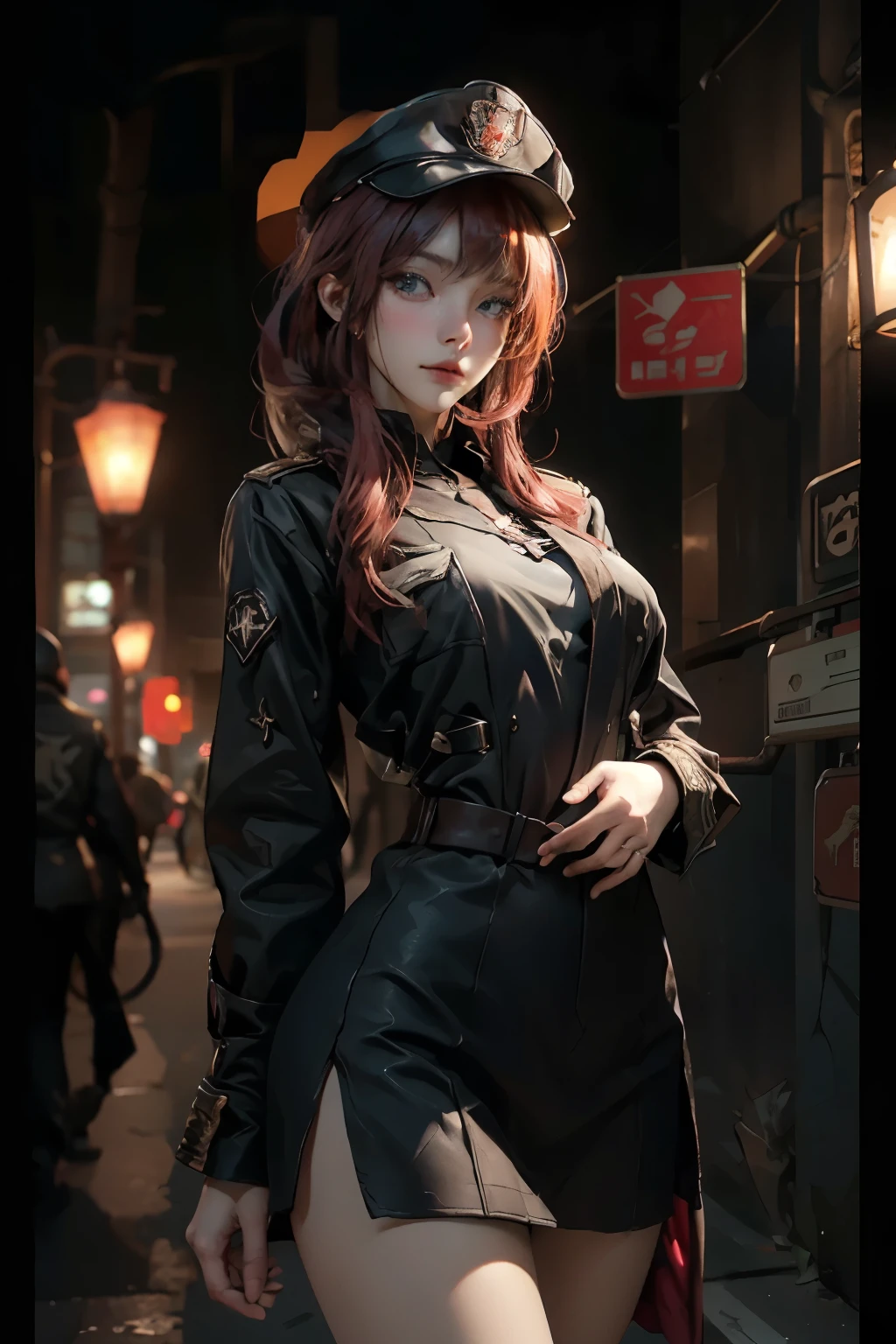((best quality)), ((Masterpiece)), (details:1.4), 3d, Image of a beautiful cyberpunk woman., HDR (high dynamic range), mature woman, เหมือนจริง, Curtain Bangs, Red hair, Blue eyes, future police, PBR surface, After processing, Anisotropic filtration,depth of field, Maximum clarity and clarity, multi-layered surface, perfect proportions, 8K raw files, cyberpunk, at night, ผมหลายชั้น, red short skirt, natural lighting, soft lighting, sunlight, หน้าอกใหญ่, a woman wearing a black gothic style military uniform, black military hat with gold details, iron cross symbol on the military hat,