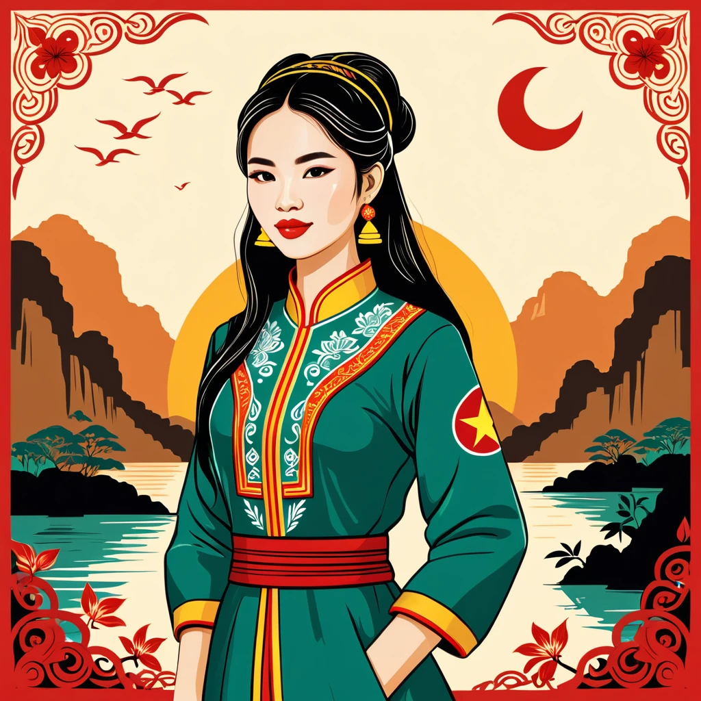 woman in vietnam folk outfit, vector graphics, strong contours, logo design