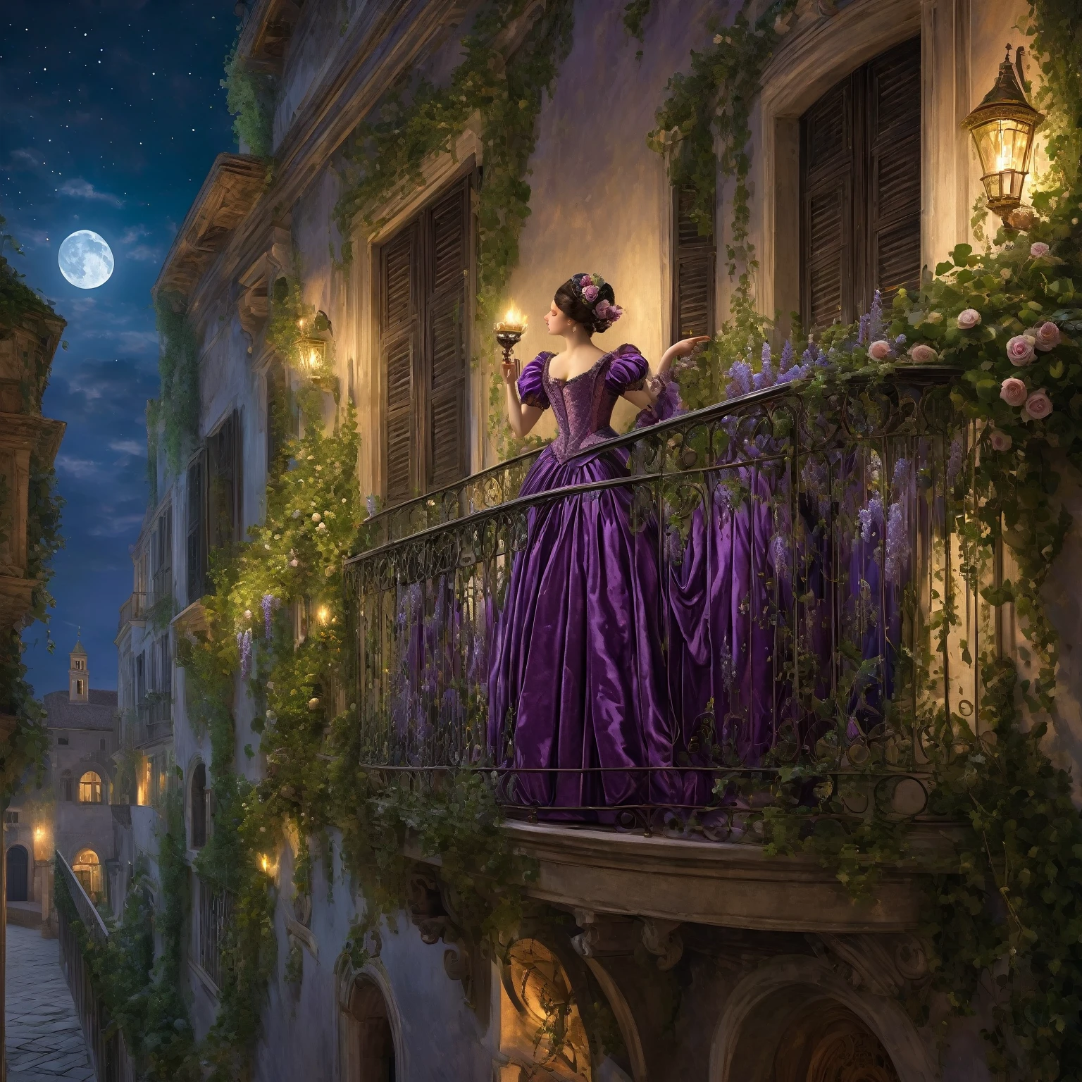 a beautiful dark-haired girl in a purple moire dress, a Venetian mask, standing on the front balcony covered with ivy and wisteria, of the second floor throws a rose to a guy in a brocade doublet and a green beret, playing a lute under her spray can, on a narrow street illuminated by wall torches on a moonlit night 1542. Inspired by Titian Vicellio. Masterpiece, Fireflies, Proportional anatomy of the face, arms, and legs. Neoclassicism, Renaissance, Venetian style, Baroque, glossy, composition, picturesque.