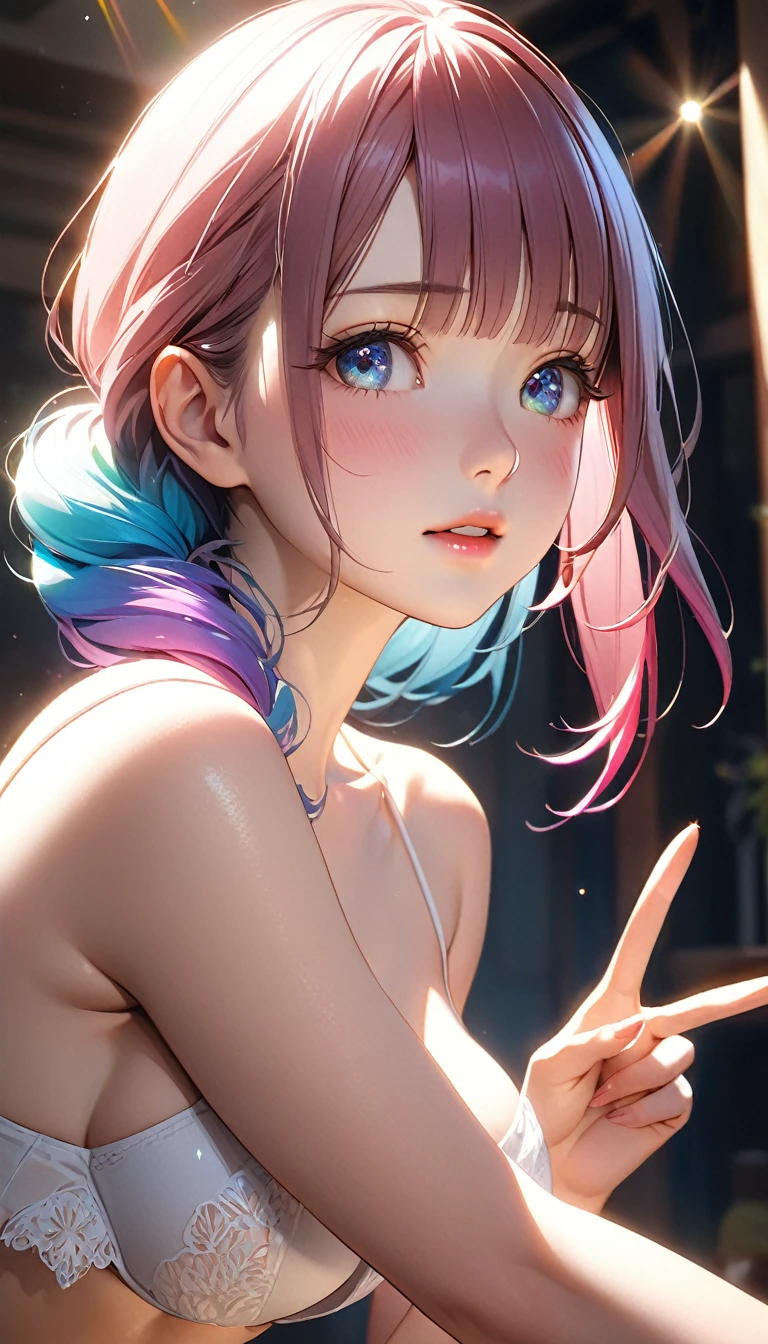 Masterpiece、最high quality、high quality、High definition、High resolution、High detail、Lens flare、Ray tracing method、high qualityの質感、high qualityの影、Beautiful details、Detailed and delicate、Detailed texture、Realistic facial expression、Realistic and colorful、Delicate、Cinematic Light、Side light、Sharp Focus、(1 woman:1.3)、(Intricate details、Makeup、Pure Eros Face_v1:0.5)、(Details Beautiful delicate face、Detailed beautiful delicate eyes、Perfect Facial Proportions、Detailed skin、Charm)、fancy hairstyles、Beautiful bangs、(Two-tone gradient hair color)、slender、(Upturned beautiful breasts)、Raise your arm and make a peace sign、Detailed crotch、Insist on the crotch、Female juice、(Experiencing the best orgasm)、Light-colored mini bra、string bra、Light-colored V-cut、Light-colored thong、Thigh mini skirt、Low-rise mini skirt、Front-button shirt、Crop top、Low-angle composition