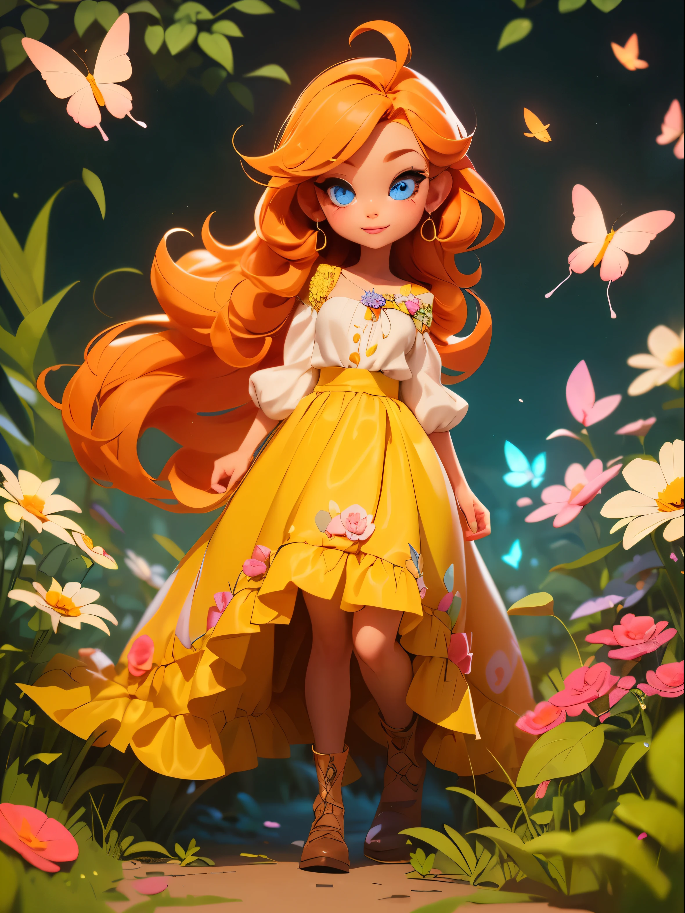((Full body portrait of a cute beautiful girl)), ((Enjoy time in the colorful garden)), ((She was wearing a long skirt)), ((Long straight orange hair), (blue eyes) and (There is a flower on the right ear)), ((the area is filled with colorful flowers and colorful butterflies)), capture her beauty and the scene in an expression style, high quality, best quality, Best lighting effects, 8K, HD