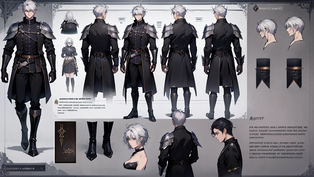 1 boy, solo, white hair, short hair, gray eyes, black shirt, metal cuffs, black gloves, high boots, metal gloves, medieval theme, looking at viewer, fantasy art, beautiful painting, guwaika style, epic exquisite character art, stunning characters, (reference sheet:1.5), The system said Congratulations that You have defeated Trevion of Evil level 80, A characteristic of Magic Knight of Marchen was that the player’s level-up does not directly affect the improvement of their stats. The higher the level, the higher the limit of the character’s stats was, but it was not a factor to be concerned about much, big bulge, big bulge, large bulges in the crotch,