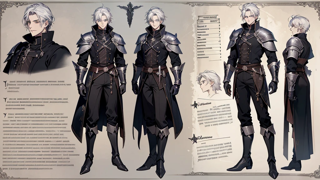 1 boy, solo, white hair, short hair, gray eyes, black shirt, metal cuffs, black gloves, high boots, metal gloves, medieval theme, looking at viewer, fantasy art, beautiful painting, guwaika style, epic exquisite character art, stunning characters, (reference sheet:1.5), The system said Congratulations that You have defeated Trevion of Evil level 80, A characteristic of Magic Knight of Marchen was that the player’s level-up does not directly affect the improvement of their stats. The higher the level, the higher the limit of the character’s stats was, but it was not a factor to be concerned about much, big bulge, big bulge, large bulges in the crotch,
