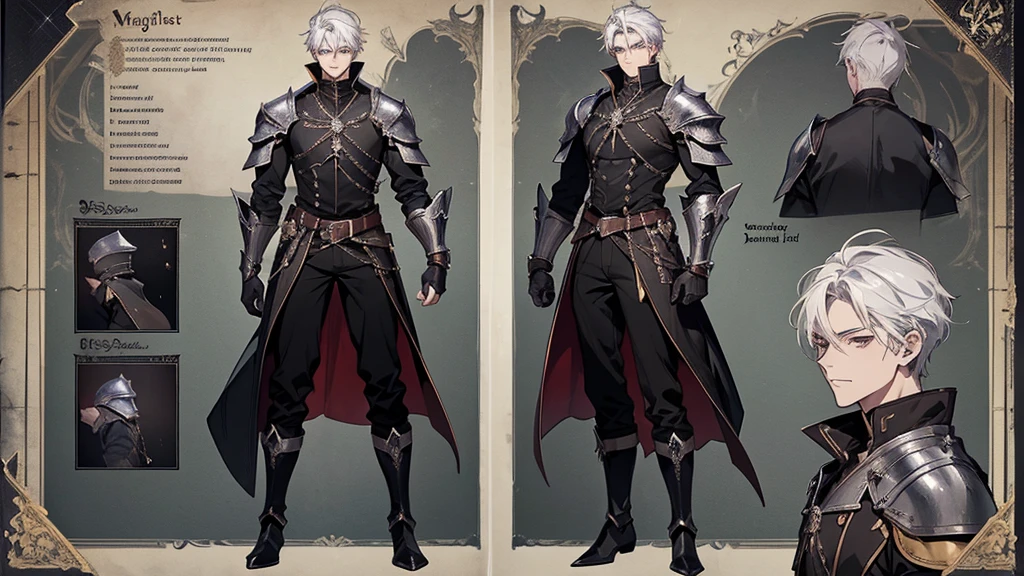 1 boy, solo, white hair, short hair, gray eyes, black shirt, metal cuffs, black gloves, high boots, metal gloves, medieval theme, looking at viewer, fantasy art, beautiful painting, guwaika style, epic exquisite character art, stunning characters, (reference sheet:1.5), The system said Congratulations that You have defeated Trevion of Evil level 80, A characteristic of Magic Knight of Marchen was that the player’s level-up does not directly affect the improvement of their stats. The higher the level, the higher the limit of the character’s stats was, but it was not a factor to be concerned about much, big bulge, big bulge, large bulges in the crotch,
