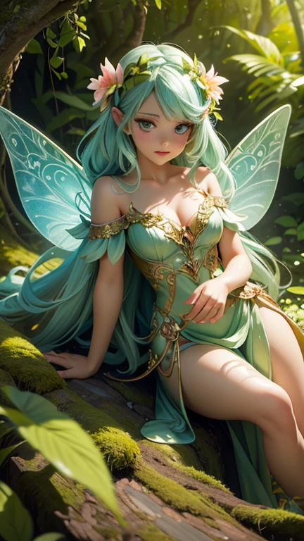 A fairy in a magical enchanted forest, sunlight streaming through the lush green foliage, detailed intricate flora and fauna, a whimsical fantasy scene, (best quality,4k,8k,highres,masterpiece:1.2),ultra-detailed,(realistic,photorealistic,photo-realistic:1.37),fantasy,vibrant colors,dramatic lighting,cinematic composition,intricate details,lush greenery,enchanted forest,magical fairy,sunlight,intricate flora,detailed fauna