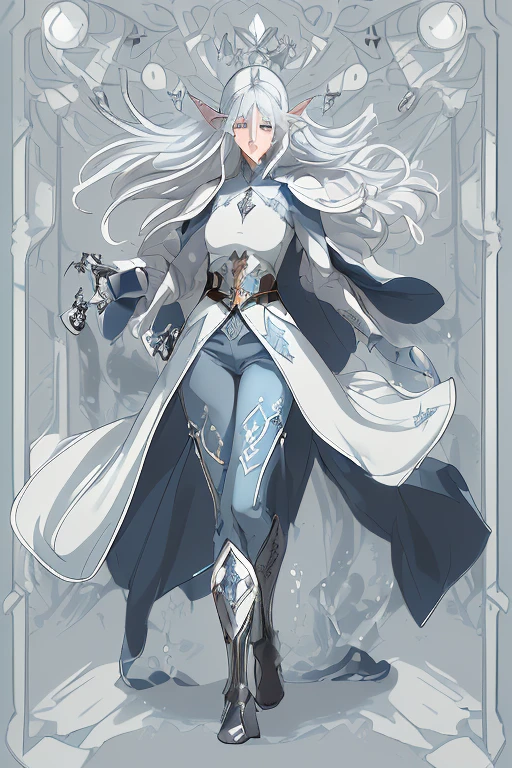 Professor Elowen Mistralight, a 25-year-old elf woman, medium height and delicate elf with silver hair, mysterious and penetrating light blue eyes, He wears a robe with patterns of wind and water, tight light blue fabric pants, long, with navy blue riding boots, the boots reach the knee, a magic wand and castle background, anime style. Individual image of her in full body. He is in action pose. Has one leg raised with the knee bent, His mouth is slightly open as if he had exercised a lot.. He has light skin. She has her hair down and blowing in the wind.. feminine and sexy body.
