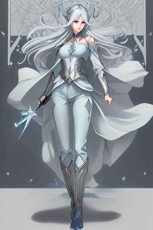 Professor Elowen Mistralight, a 25-year-old elf woman, medium height and delicate elf with silver hair, mysterious and penetrating light blue eyes, He wears a robe with patterns of wind and water, tight light blue fabric pants, long, with navy blue riding boots, the boots reach the knee, a magic wand and castle background, anime style. Individual image of her in full body. He is in action pose. Has one leg raised with the knee bent, His mouth is slightly open as if he had exercised a lot.. He has light skin. She has her hair down and blowing in the wind.. feminine and sexy body.