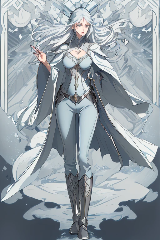 Professor Elowen Mistralight, a 25-year-old elf woman, medium height and delicate elf with silver hair, mysterious and penetrating light blue eyes, He wears a robe with patterns of wind and water, tight light blue fabric pants, long, with navy blue riding boots, the boots reach the knee, a magic wand and castle background, anime style. Individual image of her in full body. He is in action pose. Has one leg raised with the knee bent, His mouth is slightly open as if he had exercised a lot.. He has light skin. She has her hair down and blowing in the wind.. feminine and sexy body.