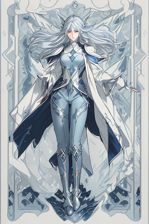 Professor Elowen Mistralight, a 25-year-old elf woman, medium height and delicate elf with silver hair, mysterious and penetrating light blue eyes, He wears a robe with patterns of wind and water, tight light blue fabric pants, long, with navy blue riding boots, the boots reach the knee, a magic wand and castle background, anime style. Individual image of her in full body. He is in action pose. Has one leg raised with the knee bent, His mouth is slightly open as if he had exercised a lot.. He has light skin. She has her hair down and blowing in the wind.. feminine and sexy body.