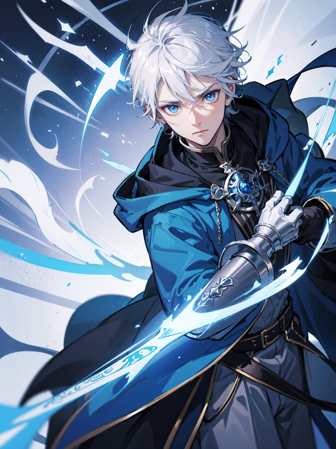 Wizard a young man, he has a silver hair and blue eyes, he wear a hood and wear gloves ,rapier.