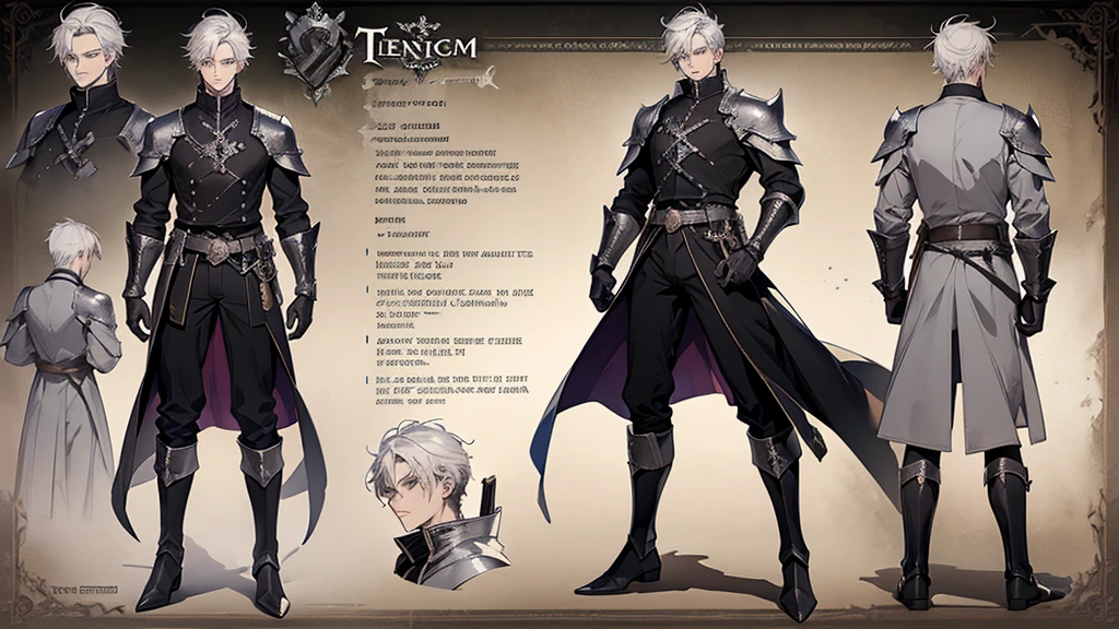 best quality , masterpiece, 1 boy, solo, white hair, short hair, gray eyes, black shirt, metal cuffs, black gloves, high boots, metal gloves, medieval theme, looking at viewer, fantasy art, beautiful painting, guwaika style, epic exquisite character art, stunning characters, (reference sheet:1.5), The system said Congratulations that You have defeated Trevion of Evil level 80, A characteristic of Magic Knight of Marchen was that the player’s level-up does not directly affect the improvement of their stats. The higher the level, the higher the limit of the character’s stats was, but it was not a factor to be concerned about much, big bulge, big bulge, large bulges in the crotch,