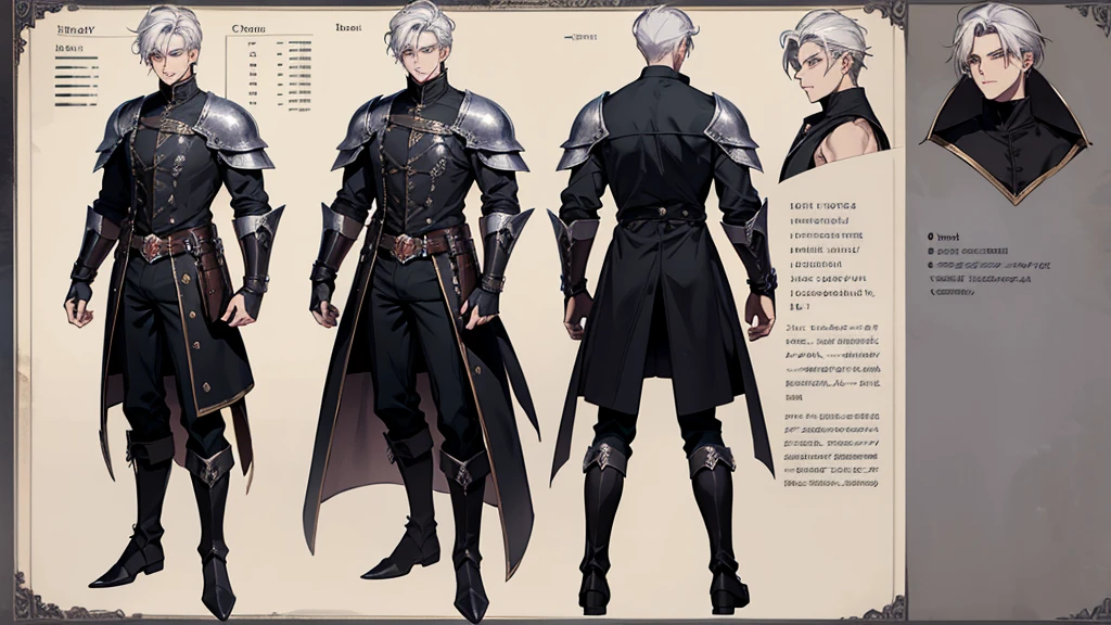 best quality , masterpiece, 1 boy, solo, white hair, short hair, gray eyes, black shirt, metal cuffs, black gloves, high boots, metal gloves, medieval theme, looking at viewer, fantasy art, beautiful painting, guwaika style, epic exquisite character art, stunning characters, (reference sheet:1.5), The system said Congratulations that You have defeated Trevion of Evil level 80, A characteristic of Magic Knight of Marchen was that the player’s level-up does not directly affect the improvement of their stats. The higher the level, the higher the limit of the character’s stats was, but it was not a factor to be concerned about much, big bulge, big bulge, large bulges in the crotch,