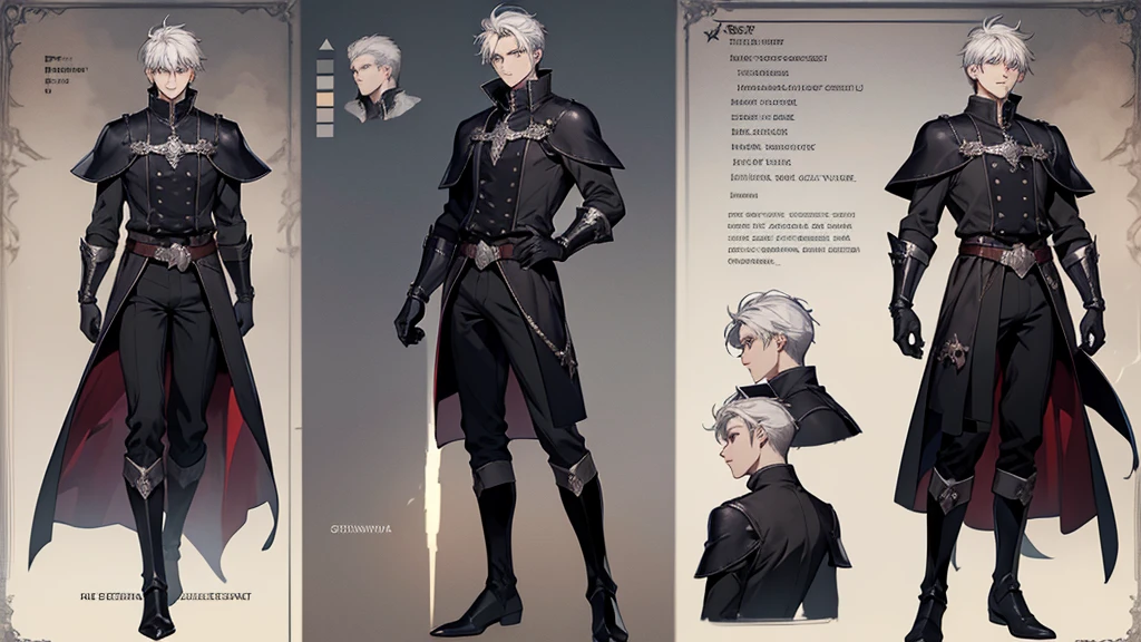 best quality , masterpiece, 1 boy, solo, white hair, short hair, gray eyes, black shirt, metal cuffs, black gloves, high boots, metal gloves, medieval theme, looking at viewer, fantasy art, beautiful painting, guwaika style, epic exquisite character art, stunning characters, (reference sheet:1.5), The system said Congratulations that You have defeated Trevion of Evil level 80, A characteristic of Magic Knight of Marchen was that the player’s level-up does not directly affect the improvement of their stats. The higher the level, the higher the limit of the character’s stats was, but it was not a factor to be concerned about much, big bulge, big bulge, large bulges in the crotch,
