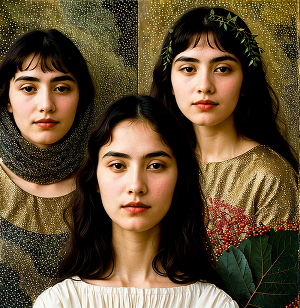 An oil painting depicts several women (different) as a sisterhood in Gustav Klimt and Tina Modotti influenced oil painting and various techniques where a they are partially hidden behind a large cluster of berries or leaves, in front of their face. The composition merges identity with the natural elements, creating a mysterious and contemplative mood. The aesthetic enhances the textures and contrasts between the organic berries and leaves highlighting themes of nature, identity, and anonymity. Burgondy, gunmetal silver, tangraine, and brass easy on the eye colourscheme.