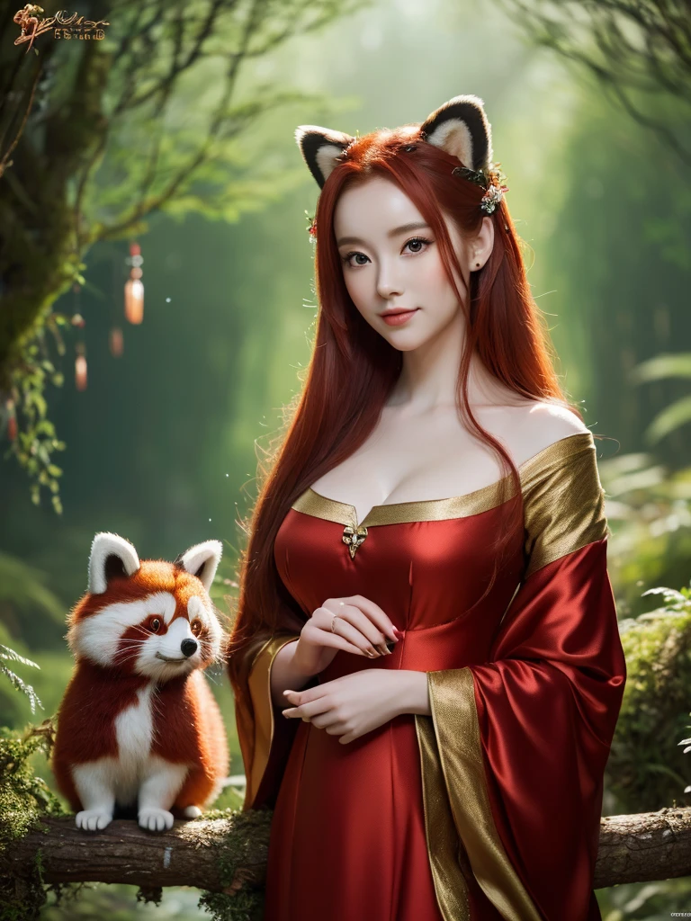 a beautiful redheaded asian girl with a red panda in her hands, long very silky hair, elegant elf dress, dense forest, no sunlight, detailed face and eyes, very big tits (best quality,4k,8k,highres,masterpiece:1.2),ultra-detailed,(realistic,photorealistic,photo-realistic:1.37),magical fantasy atmosphere,fantasy,concept art