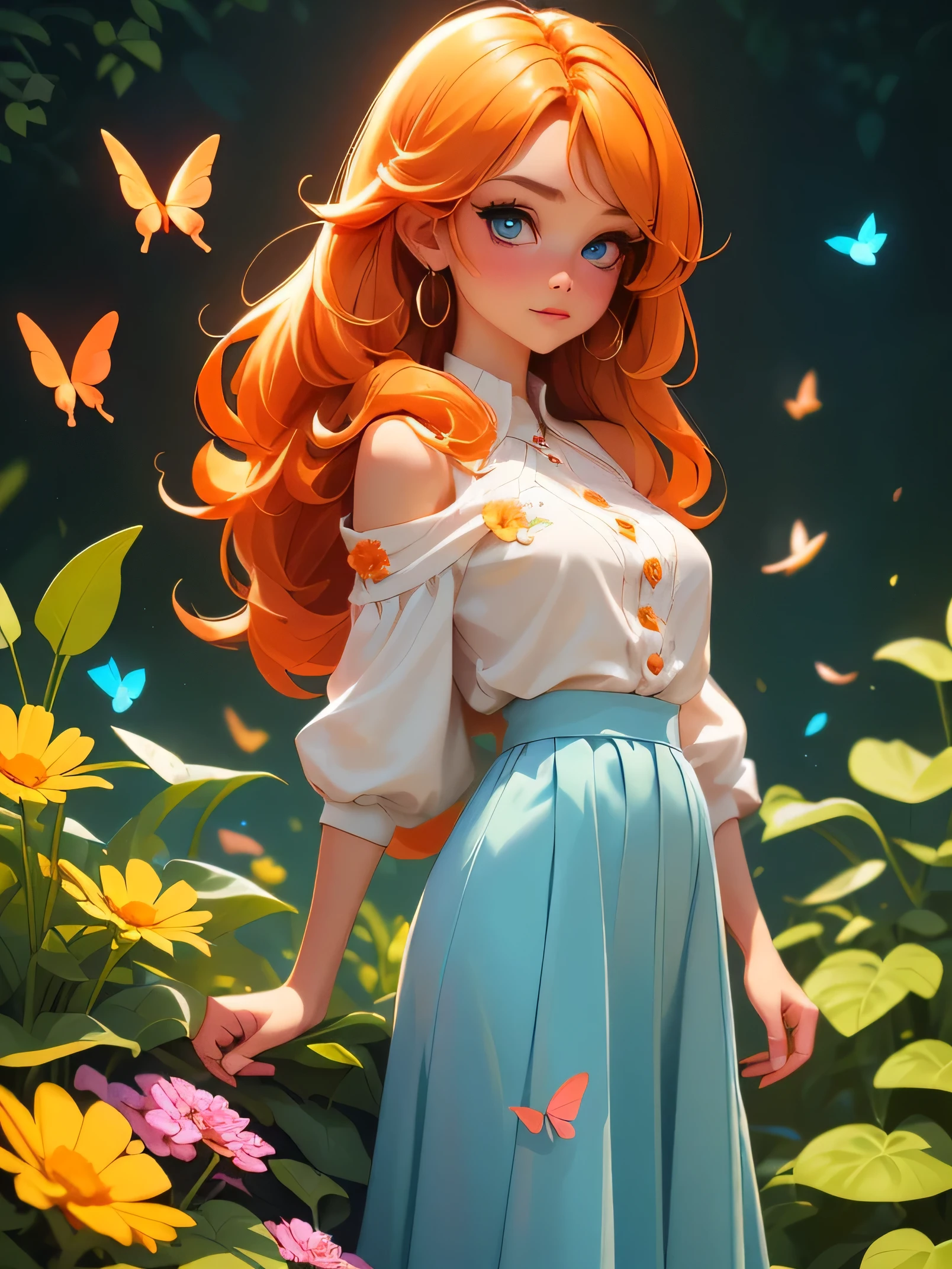 ((Full body portrait of a cute beautiful girl)), ((Enjoy time in the colorful garden)), ((She was wearing a long skirt)), ((Long straight orange hair), (blue eyes) and (There is a flower on the right ear)), ((the area is filled with colorful flowers and colorful butterflies)), capture her beauty and the scene in an expression style, high quality, best quality, Best lighting effects, 8K, HD