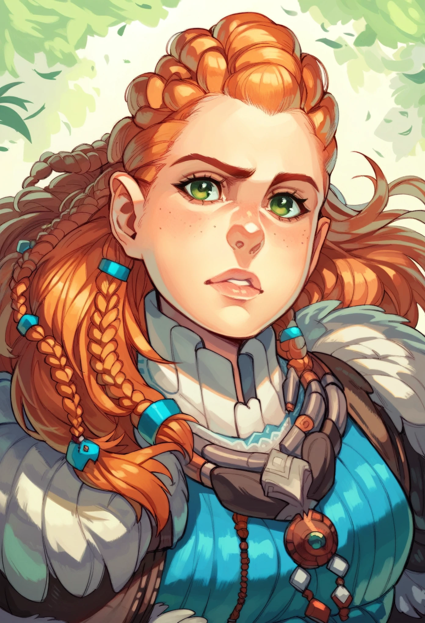 One girl, Aloy  Horizon zero dawn, platinum blonde, green eyes, princess dress
