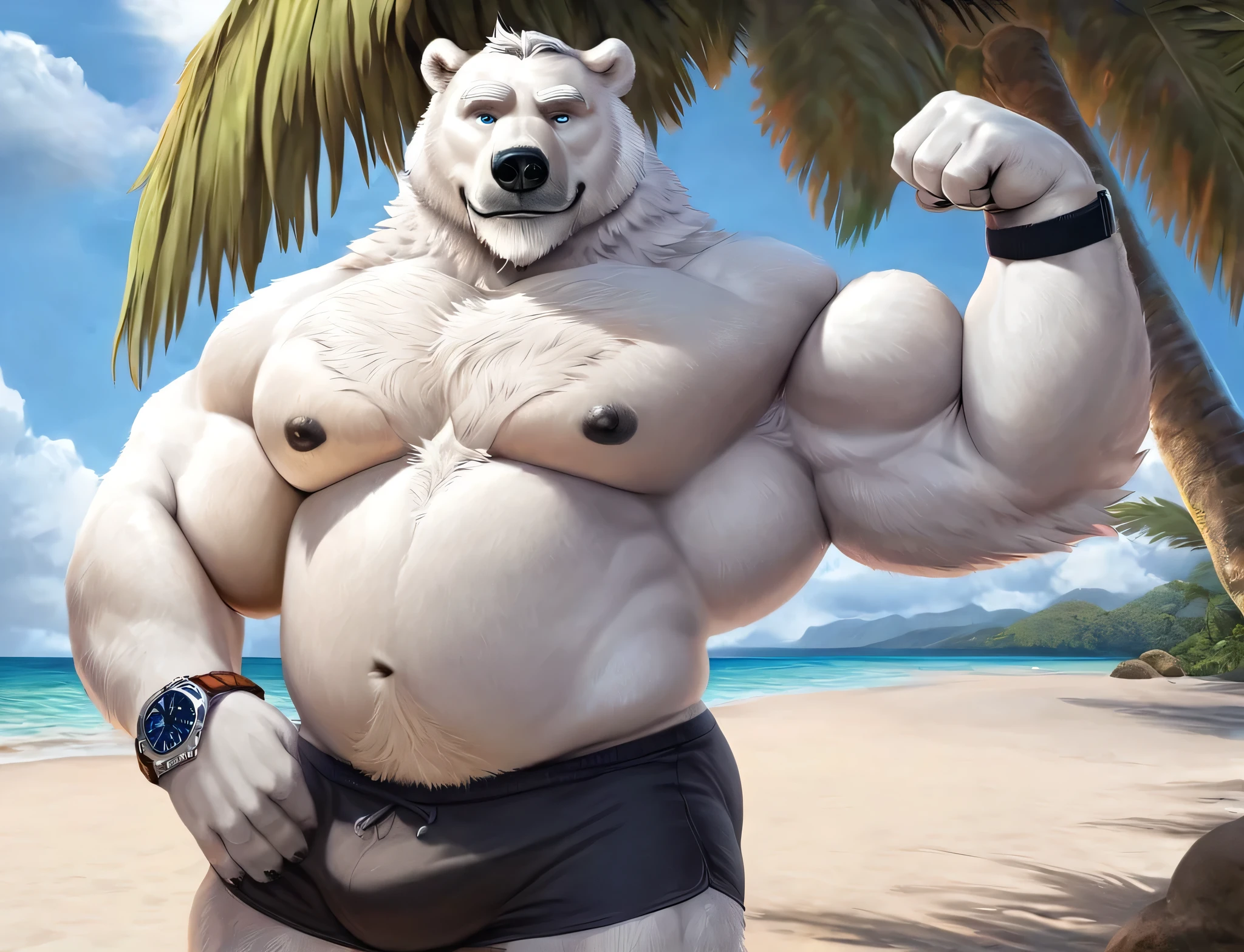 huge muscular polar bear Dad in Tropical Beach, big smirk, polar bear, huge white fur, thick arm, huge arm, bearded. Short white hair and white beard, white mustache, bearded white, (muscular, pectoral, wide pectoral, thick arms), correct anatomy, beach, palm, realistic, detailed grey eyebrows, deatiled eyes with blue pupils, 8k, masterpiece, (wearing black shorts, wristband, watch and shirtless), flexing off 