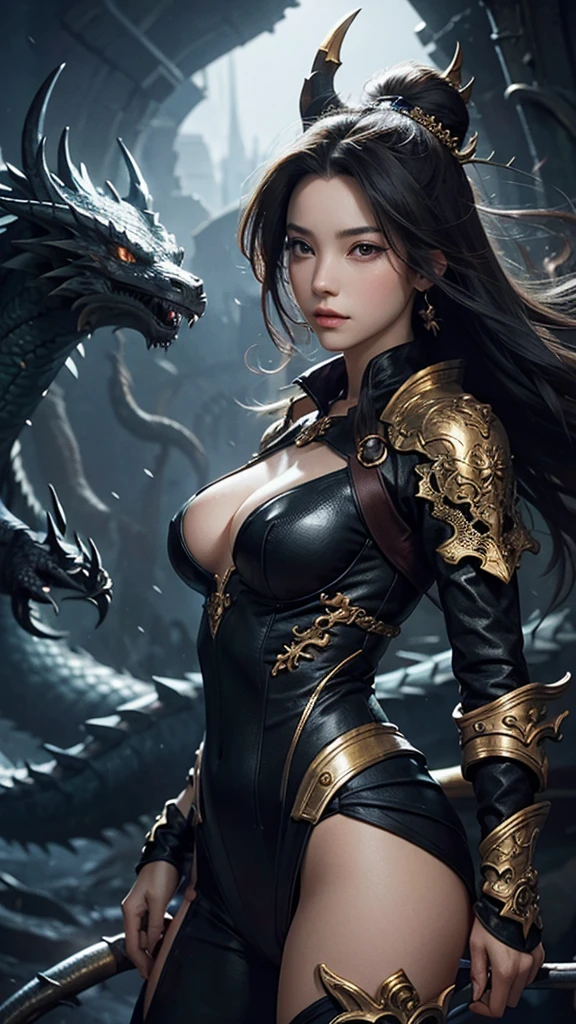 1 Beautiful girl, and the dragon behind her, powerful, brilliant, super detailed, highest quality