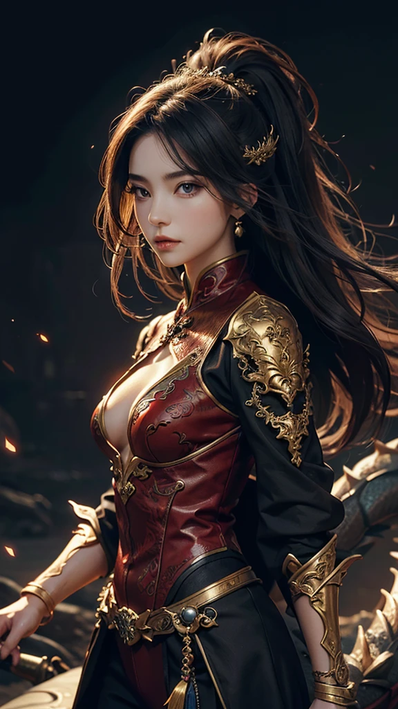 1 Beautiful girl, and the dragon behind her, powerful, brilliant, super detailed, highest quality