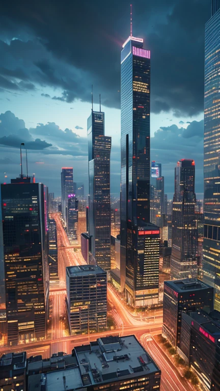 a lively urban landscape, skyscrapers, modern architecture, urban cityscape, bustling city center, towering buildings, glass and steel structures, busy streets, pedestrians, cars, traffic, neon lights, reflections on windows, dynamic composition, cinematic atmosphere, dramatic lighting, vibrant colors, cool tones, gritty realism, (best quality,4k,8k,highres,masterpiece:1.2),ultra-detailed,(realistic,photorealistic,photo-realistic:1.37),city life, urban exploration, cityscape photography