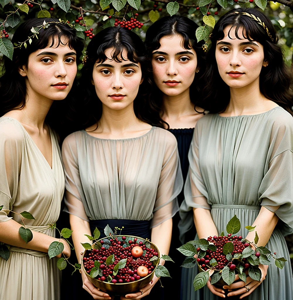 An oil painting depicts several women (different) as a sisterhood in Gustav Klimt and Tina Modotti influenced oil painting and various techniques where a they are partially hidden behind a large cluster of berries or leaves, in front of their face. The composition merges identity with the natural elements, creating a mysterious and contemplative mood. The aesthetic enhances the textures and contrasts between the organic berries and leaves highlighting themes of nature, identity, and anonymity. Burgondy, gunmetal silver, tangraine, and brass easy on the eye colourscheme.