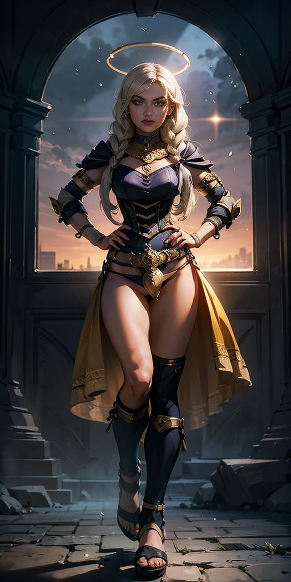 paladin lady in ornate golden armor, black collar, pauldrons, breastplate, corset, glowing halo, single braid, blonde, yellow glowing eyes, bright pupils, eye focus, red cape, temple indoors, stained glass windows, night, moonlight, particles, light beam, chromatic aberration, (full body, whole body. 1solo (girl). slave fighter, loincloth standing, hands on hips full body, whole body. 1solo (girl). slave fighter, loincloth standing, hands on hips, metal sandals, backpack, choker, big belt, view from below, feet together, bracers, tiara)