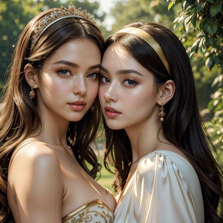 (​masterpiece, best quality:1.5), highest quality, High resolution, super detailed, Realists, Upper body photo of a brunette woman, detailed and beautiful eyes, beautiful detailed lips, very detailed eyes and face, longeyelashes, Woman in shiny satin evening dress, golden satin bows around the belly, Beautiful and colorful makeup, long open hair with satin headband, elegant and noble々Pose, shiny satin headband, Gardens as background, soft daylight, bright colors, fine brushstrokes, Portrait style, Noble details in the dress fabric, beautiful color palette, glowing skin, First-class rendering, that captures every detail, enchanting atmosphere, subtle shadows and lights, (perfect anatomy:1.2), (Two stunning women are deeply in love:1.4), (kiss:1.2), (magnificent panorama view:1.2)