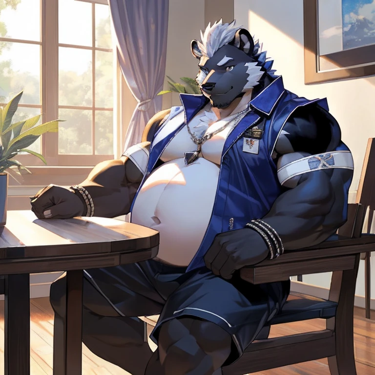 solo, anthro, furry, furry male, skunk,((short fur,furry, shaggy fur, opaque fur)), (skunk print), black pupils, white sclera, black body, black fur, black muzzle, black fur on face, indigo eye, big skunk tail, detailed fur, detailed face, detailed eyes, (open indigo sleeveless jacket, indigo armband, tight Bermuda shorts), dining room, apartment, (by null-ghost,by raccoon21, masterpiece, high quality, hi-res, 8k, hd, dark), sitting, wooden chair, table, looking at viewer, day, gentle expression, musclegut skunk man, muscular, big belly, fat belly, obese belly, pillowy pectorals, soft pectorals, big pectorals, weight-lifter build, broad shoulders, black fur, indigo eyes, pink pawpads, mid 30s, relaxed, lazy, indigo smoke, Mohawk, no accessories, no necklaces