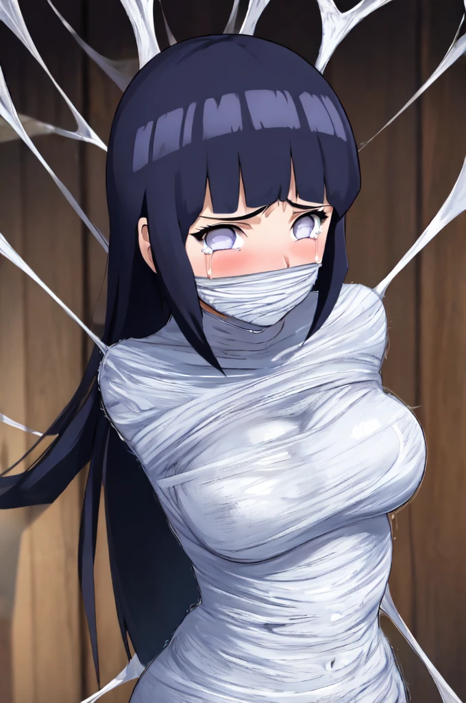 masterpiece, best quality, 1girl, solo, looking at viewer, hinata\(shippuden\), length hair, messy hair，hair covering chest, hair detailed, large breasts , breasts out,  (arms behind back:1.4), hanging,spiders in the web,long spider, Hinata, desperate，mouth gagged, silk gagged, struggle, entangled, scared face, crying, tears, despair,cocoon, blushing face, 