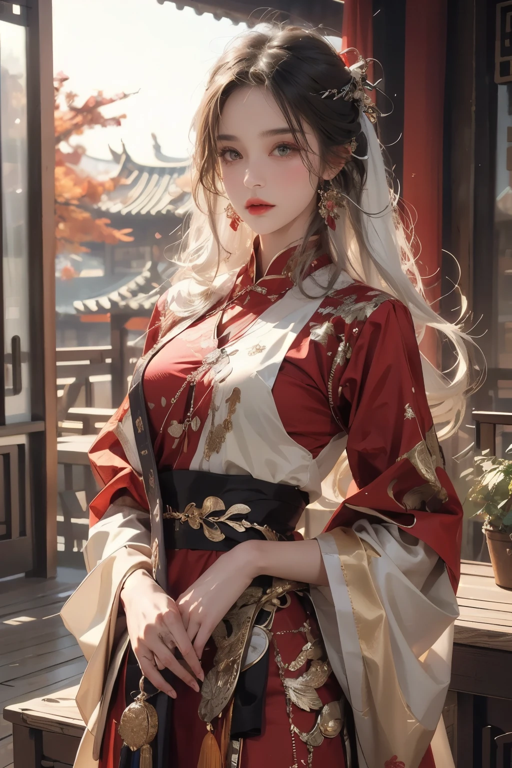 ((best quality)), ((masterpiece)), (detailed), Photorealistic, high resolution, mature woman, Hips up, Beautiful eyes, , Red eyes, jewelry, Hanfu, Chinese fairy, Taoist uniform, เสื้อผ้าขนาดใหญ่, Curtain Bangs, white hair, หน้าอกใหญ่, HDR (high dynamic range), After processing, Anisotropic filtration,depth of field, Maximum clarity and clarity, multi-layered surface, perfect proportions, 8K raw files, กระโปรงสั้น, natural lighting, soft lighting, sunlight,