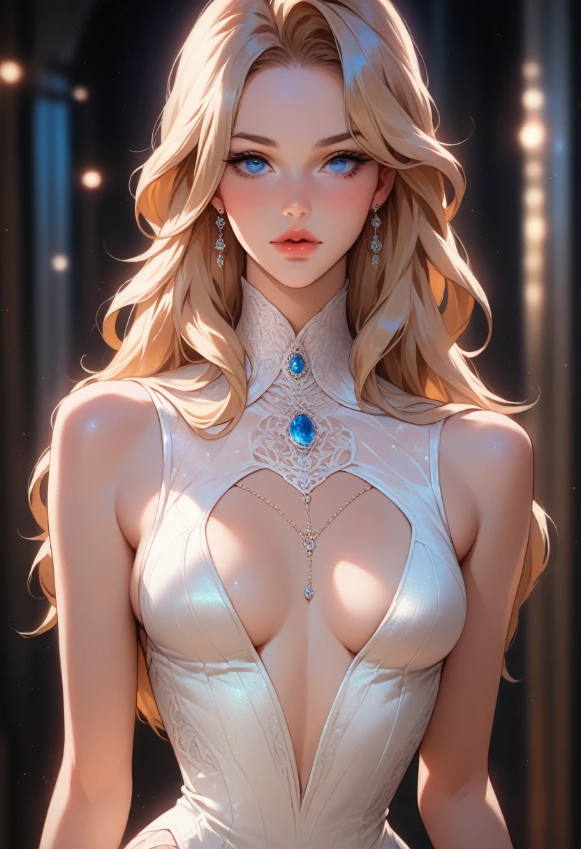 a curvy girl with blue eyes, long hair and small perky , wearing a thin dress, detailed face, intricate clothing folds, dramatic lighting, vibrant colors, ethereal atmosphere, cinematic composition, realistic, masterpiece, high resolution, ultra detailed