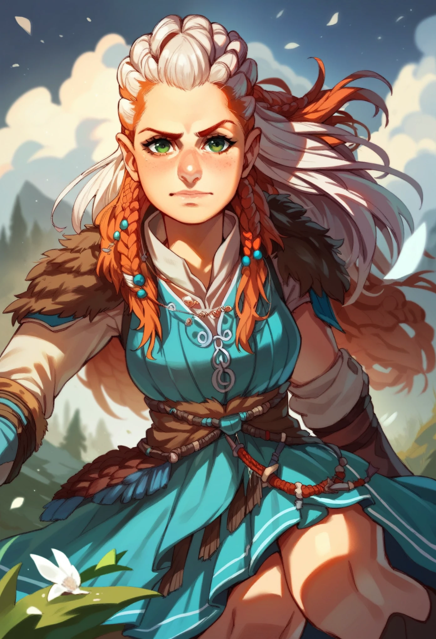 One girl, Aloy Horizon zero dawn, white hair, green eyes, princess dress