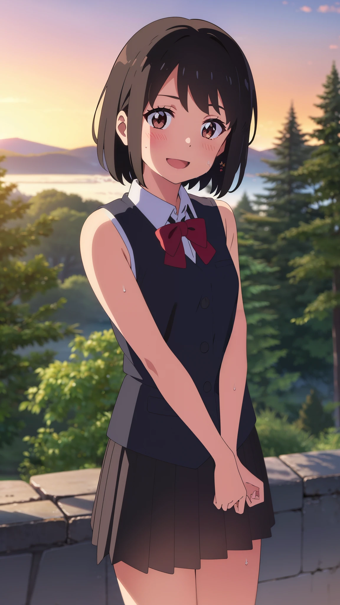 shinkai makoto, kimi no na wa., 1girl, bangs, black hair, blush, brown eyes, perfect face, looking at the viewer, ruffled clothing, bare shoulders, pleated skirt, detached collar, red ribbon, red bow, short hair, solo, shinny skin, smile, cute, open mouth, cloudy, sky, sunset background, forest, sweat, (masterpiece), best quality