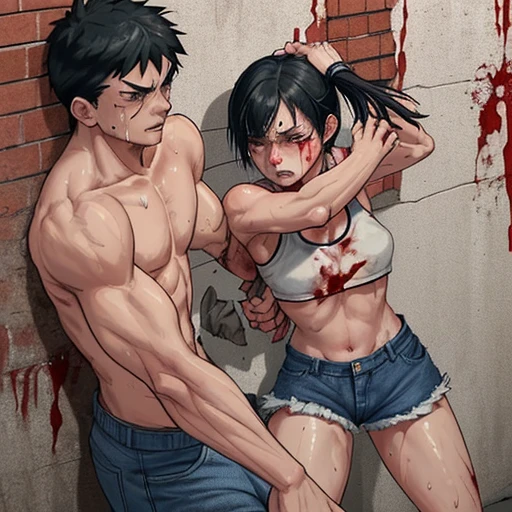 two person face to face.They trade punches with each other. a male streetfighter is grabing a crying female streetfighter's head and punching her body in the backstreet. Her expression is sad. a bloody beautiful Japanese female fighter is being beating terribly by a male fighter. She is cornered and has her back against the wall. Blood is dripping from her nose. She is covered in scars and bruises. she is damaged terribry. Short-cut black hair, out of breath, drooling from mouth, one eye closd, crying, exhausted, drenched in sweat. Erect nipples. open finger glove. Tattered sports bra and denim shorts